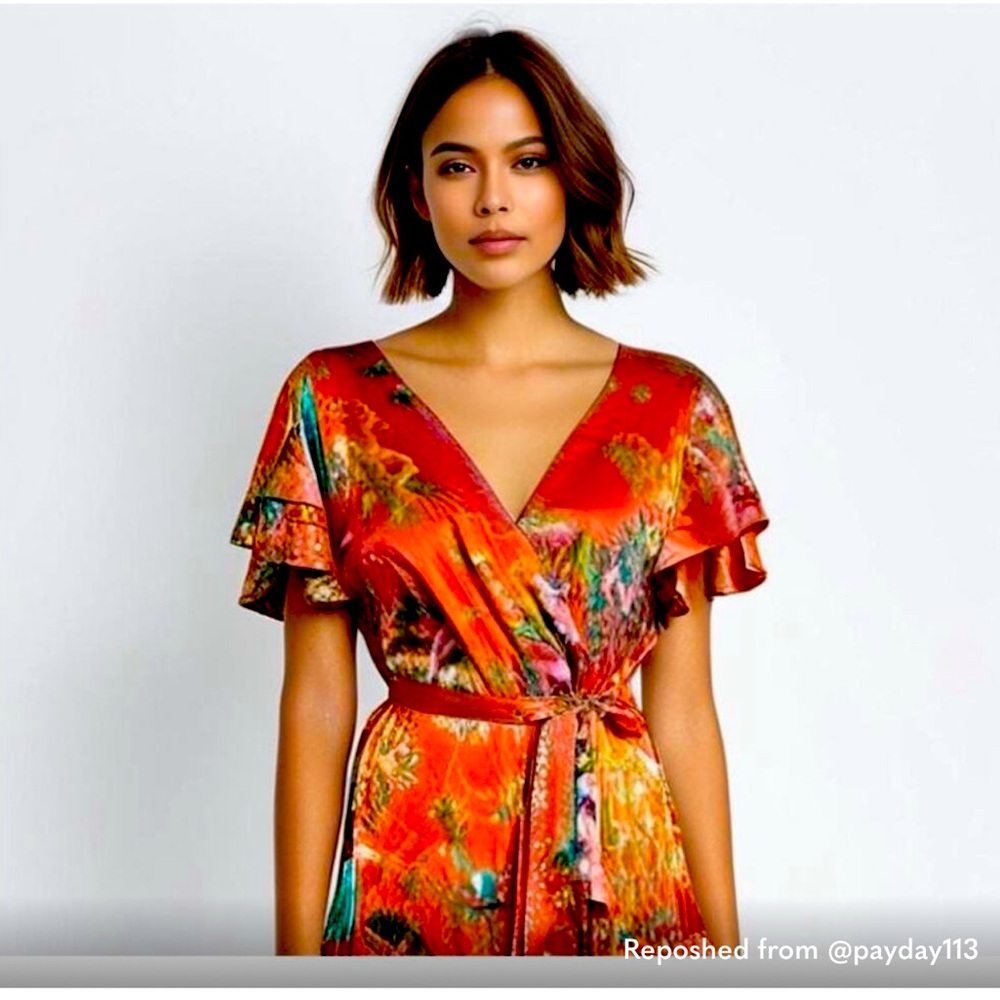 Nicole Miller NY Floral Satin Faux-Wrap High-Low Dress US 16 Short Sleeve